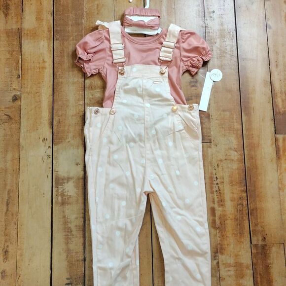 Tahari overalls outfit 3T pink new polka dot overalls pink shirt headband spring - Picture 2 of 15
